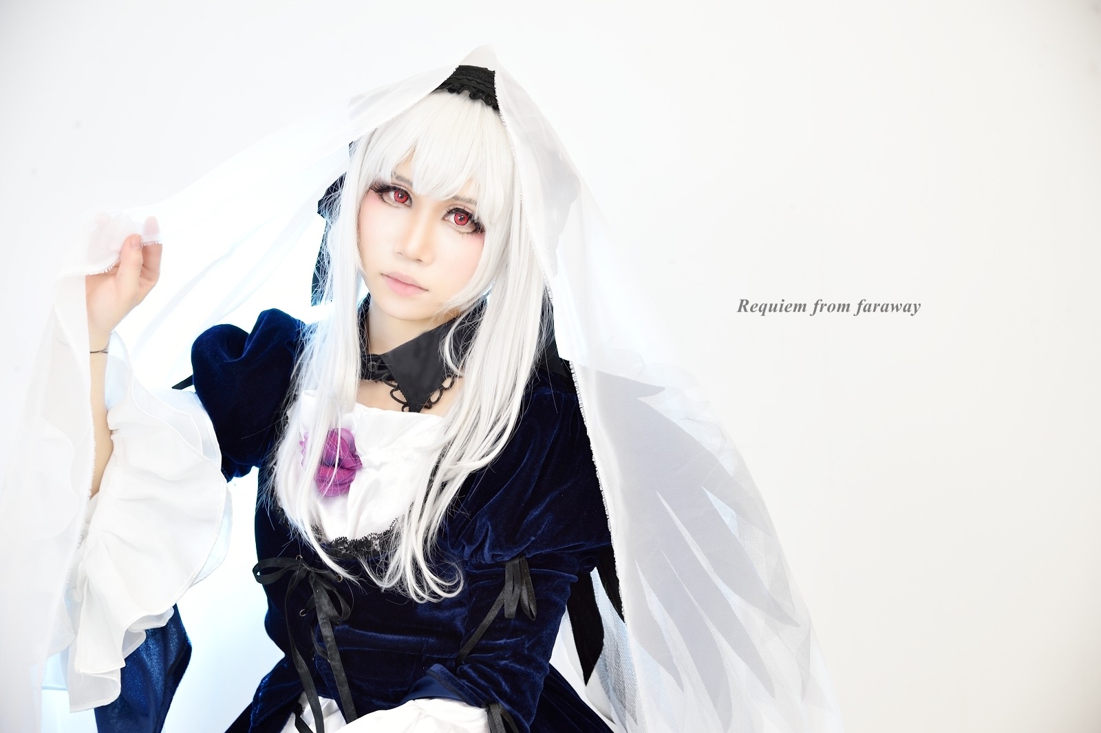 1girl choker detached_collar dress jewelry lips long_hair long_sleeves red_eyes solo suigintou white_hair