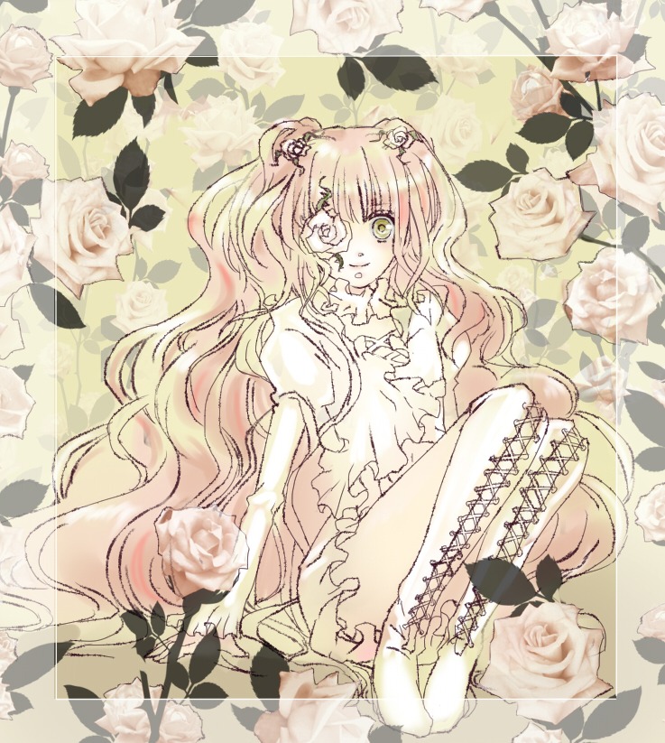 1girl blonde_hair boots cross-laced_footwear dress eyepatch flower hair_flower hair_ornament image kirakishou long_hair pink_hair rose sitting solo thighhighs thorns white_flower white_rose