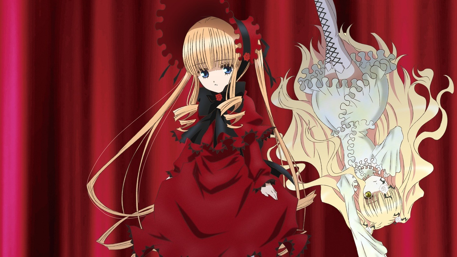 2girls blonde_hair blue_eyes bow curtains dress frills image kirakishou long_hair long_sleeves looking_at_viewer multiple_girls pair red_dress ribbon shinku standing twintails very_long_hair yellow_eyes