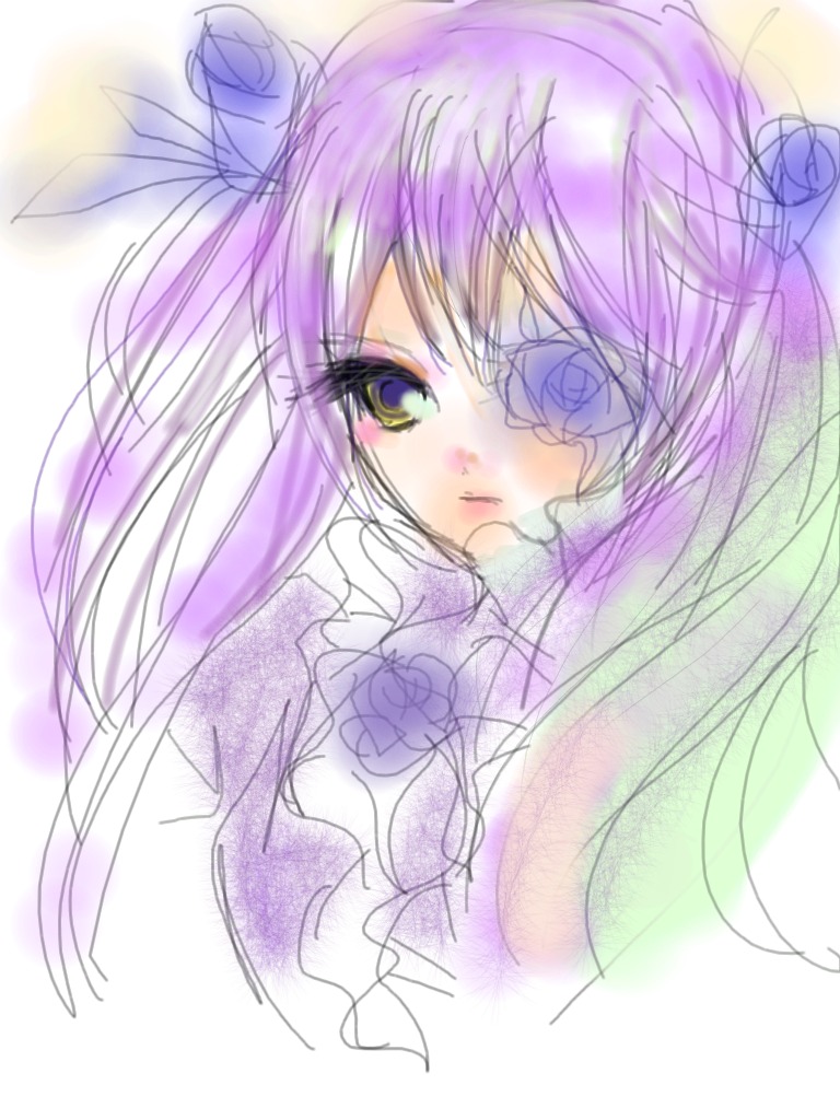 1girl barasuishou blue_flower blue_rose eyepatch flower image long_hair looking_at_viewer purple_flower purple_hair purple_rose rose sketch solo