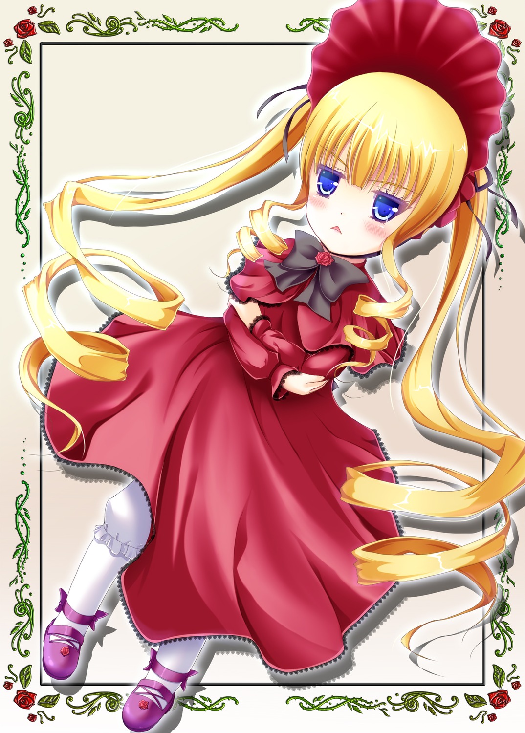 1girl :t blonde_hair blue_eyes blush bonnet bow bowtie capelet crossed_arms dress drill_hair flower image long_hair looking_at_viewer red_dress red_flower red_rose rose shinku sidelocks solo twintails