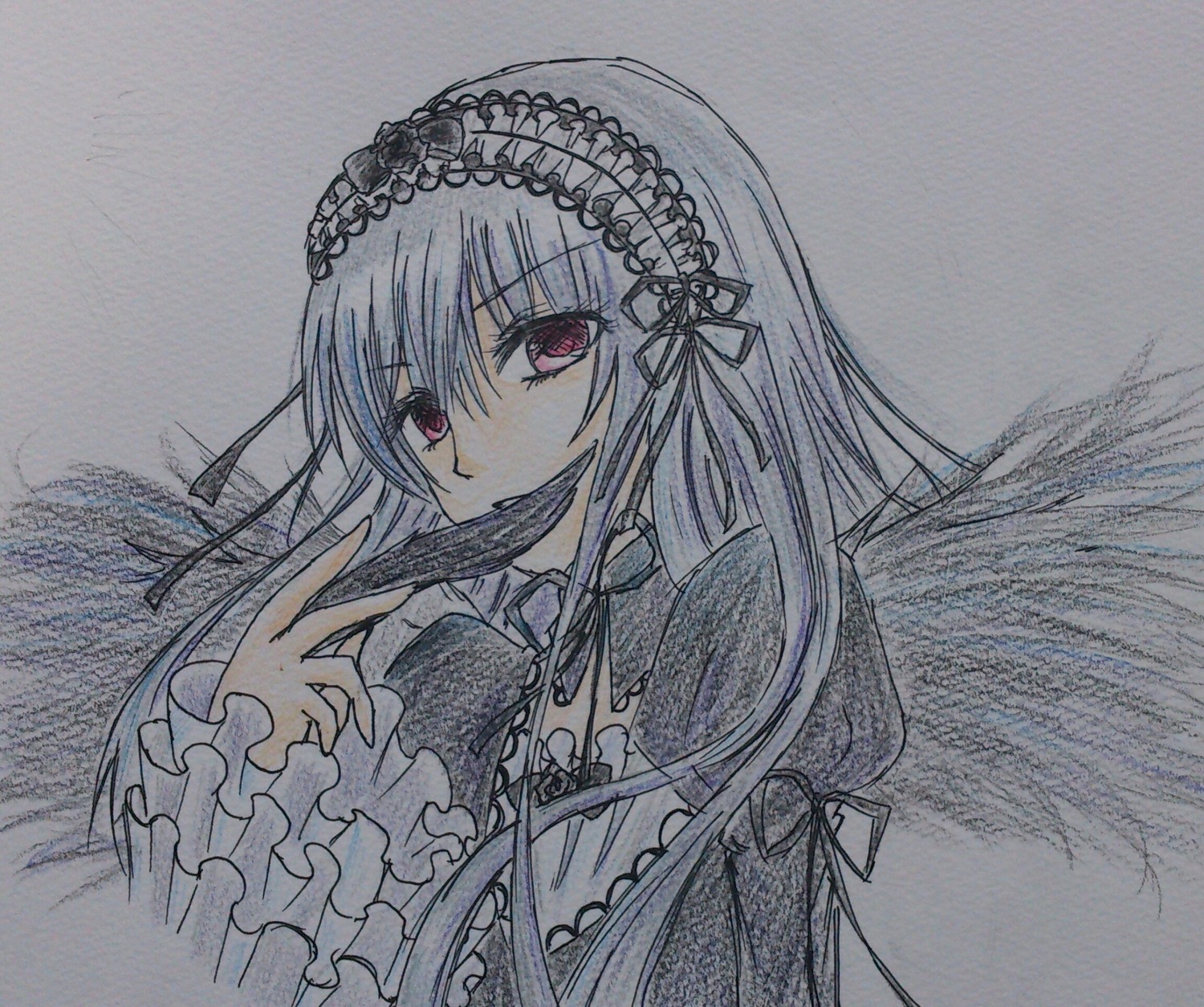 1girl bangs dress eyebrows_visible_through_hair frilled_sleeves frills hairband image long_hair long_sleeves looking_at_viewer pink_eyes red_eyes rose solo suigintou traditional_media wings