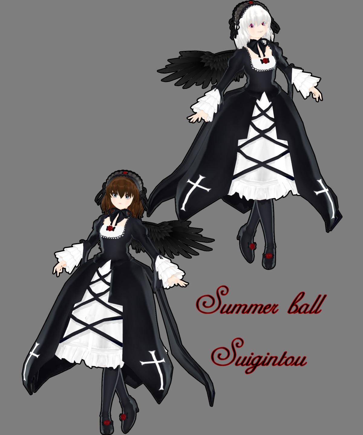 2girls black_dress black_wings brown_hair dress frills hairband image lolita_fashion long_sleeves looking_at_viewer multiple_girls red_eyes short_hair solo suigintou wide_sleeves wings