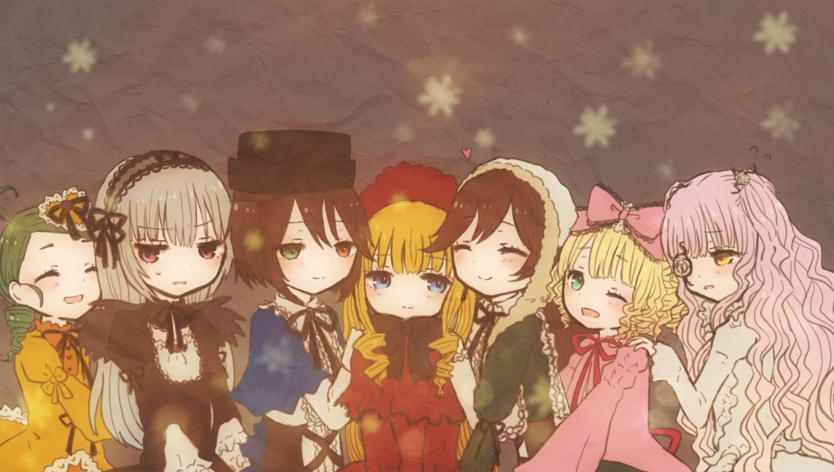 6+girls blonde_hair blue_eyes bow brown_hair closed_eyes dress green_eyes green_hair hair_ornament hat hina_ichigo image kanaria long_hair multiple multiple_girls one_eye_closed open_mouth pink_bow pink_hair shinku short_hair smile souseiseki suigintou suiseiseki tagme twintails