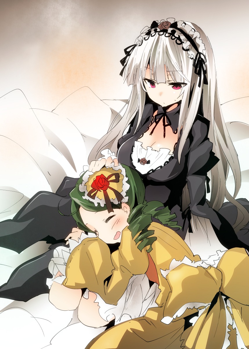 2girls breasts cleavage closed_eyes doll_joints dress drill_hair flower frills green_hair hairband image joints kanaria lap_pillow lolita_hairband long_hair long_sleeves multiple_girls open_mouth pair silver_hair sitting sleeping suigintou very_long_hair wings