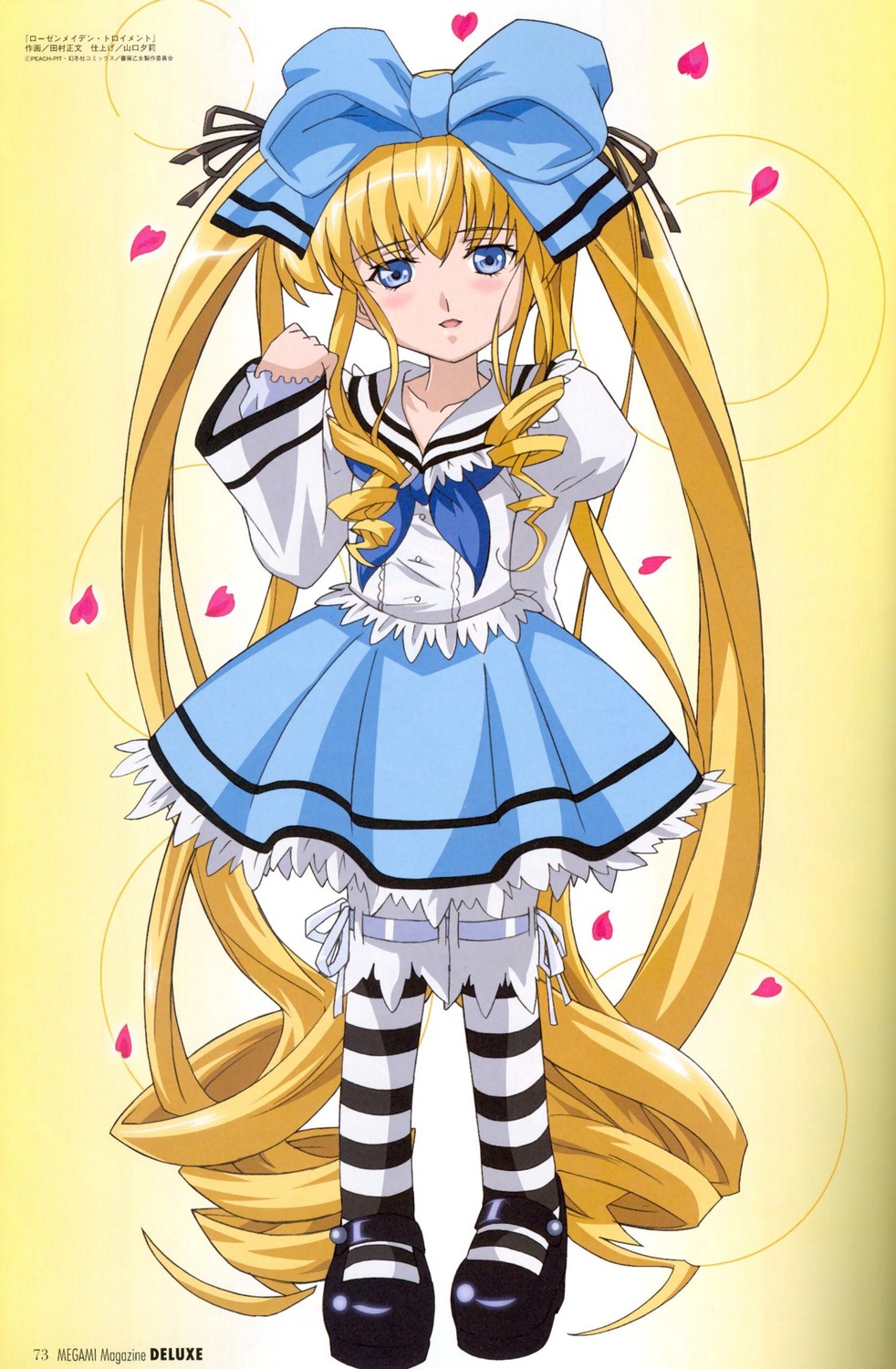 1girl blonde_hair blue_eyes bow dress drill_hair frills full_body hair_bow heart image long_hair pantyhose petals ribbon rose_petals shinku shoes solo striped striped_legwear twin_drills twintails very_long_hair watermark yellow_background