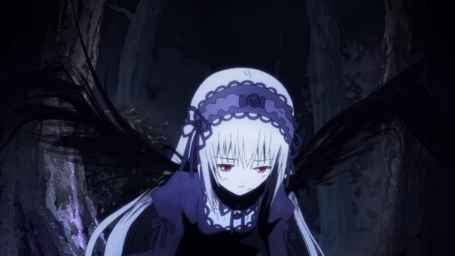 1girl bangs black_dress black_wings closed_mouth detached_collar dress eyebrows_visible_through_hair frills hairband image long_hair long_sleeves looking_at_viewer night red_eyes ribbon silver_hair solo suigintou very_long_hair wings