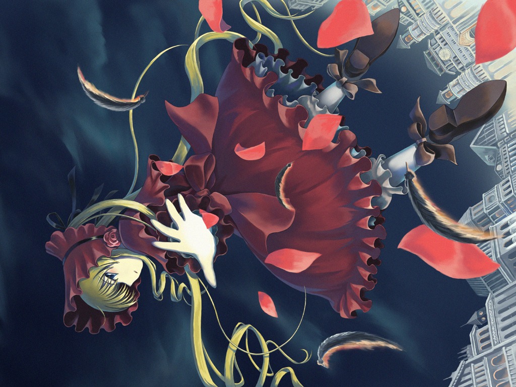 1girl blonde_hair blue_eyes bonnet bow commentary_request dress drill_hair feathers flower flying frills hair_ribbon image long_hair long_sleeves looking_back moon night petals ranranloo red_dress ribbon rose rose_petals rozen_maiden shinku sky solo twintails very_long_hair