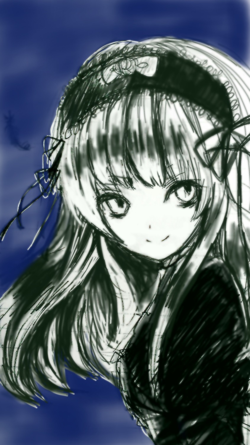 1girl bangs closed_mouth dress hairband image lolita_hairband long_hair looking_at_viewer monochrome outdoors ribbon sky smile solo suigintou upper_body