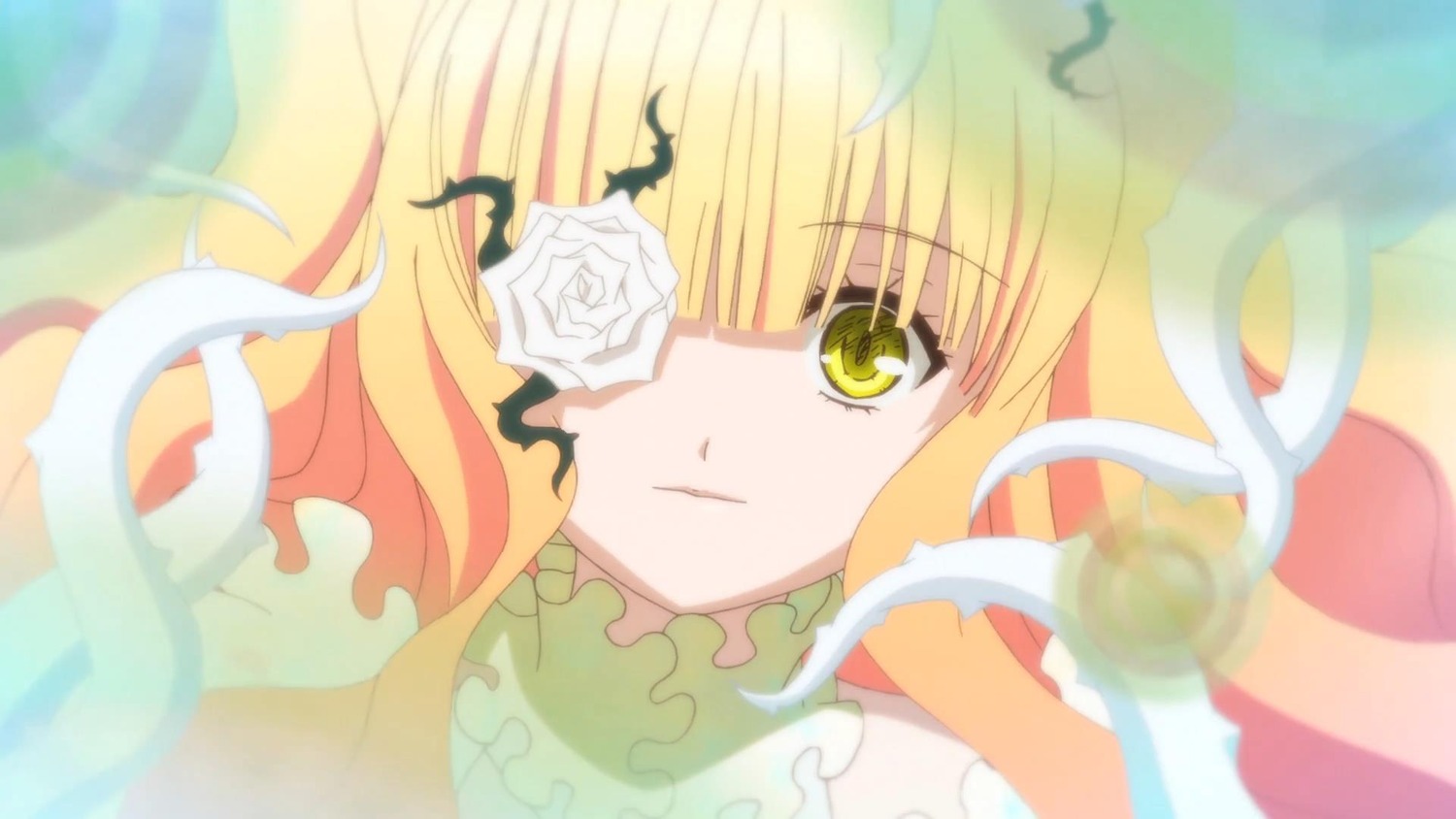 1girl bangs blonde_hair blurry depth_of_field dress eyepatch flower image kirakishou long_hair rose solo thorns