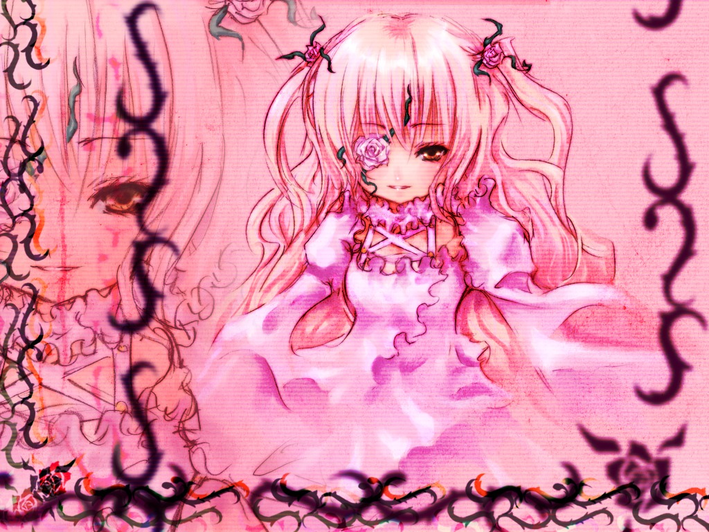 1girl auto_tagged dress eyepatch flower hair_ornament image kirakishou long_hair pink_dress pink_hair pink_theme red_eyes rose solo vines