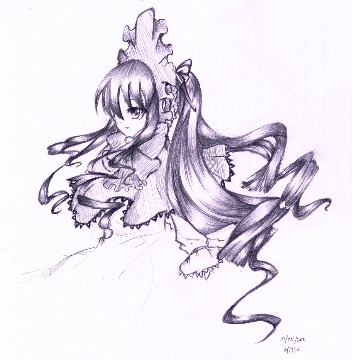 1girl artist_name bow capelet dated dress frills graphite_(medium) image long_hair long_sleeves looking_at_viewer monochrome shinku signature solo striped traditional_media vertical_stripes