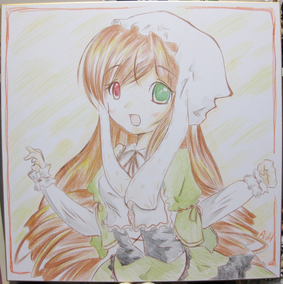 1girl :d dress green_eyes heterochromia image juliet_sleeves long_hair long_sleeves looking_at_viewer marker_(medium) open_mouth photo puffy_sleeves red_eyes shikishi simple_background smile solo suiseiseki traditional_media upper_body very_long_hair