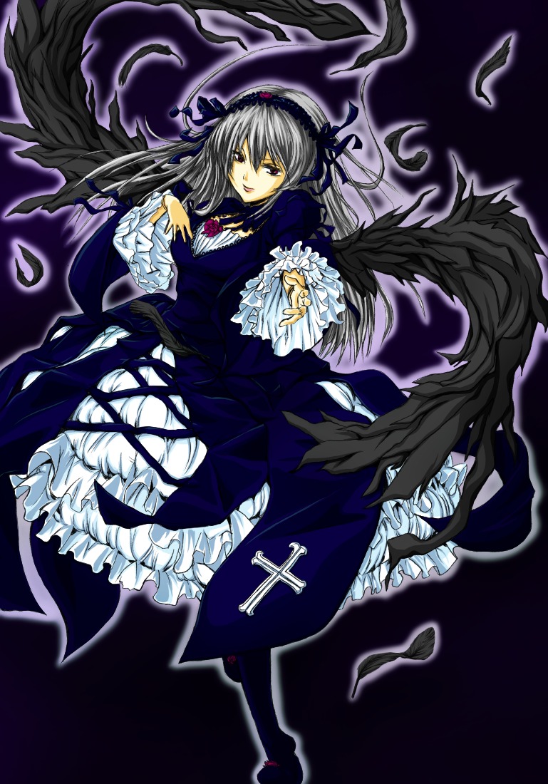 1girl black_wings dress feathers flower frills full_body hairband image long_hair long_sleeves looking_at_viewer pink_eyes rose silver_hair solo suigintou wings
