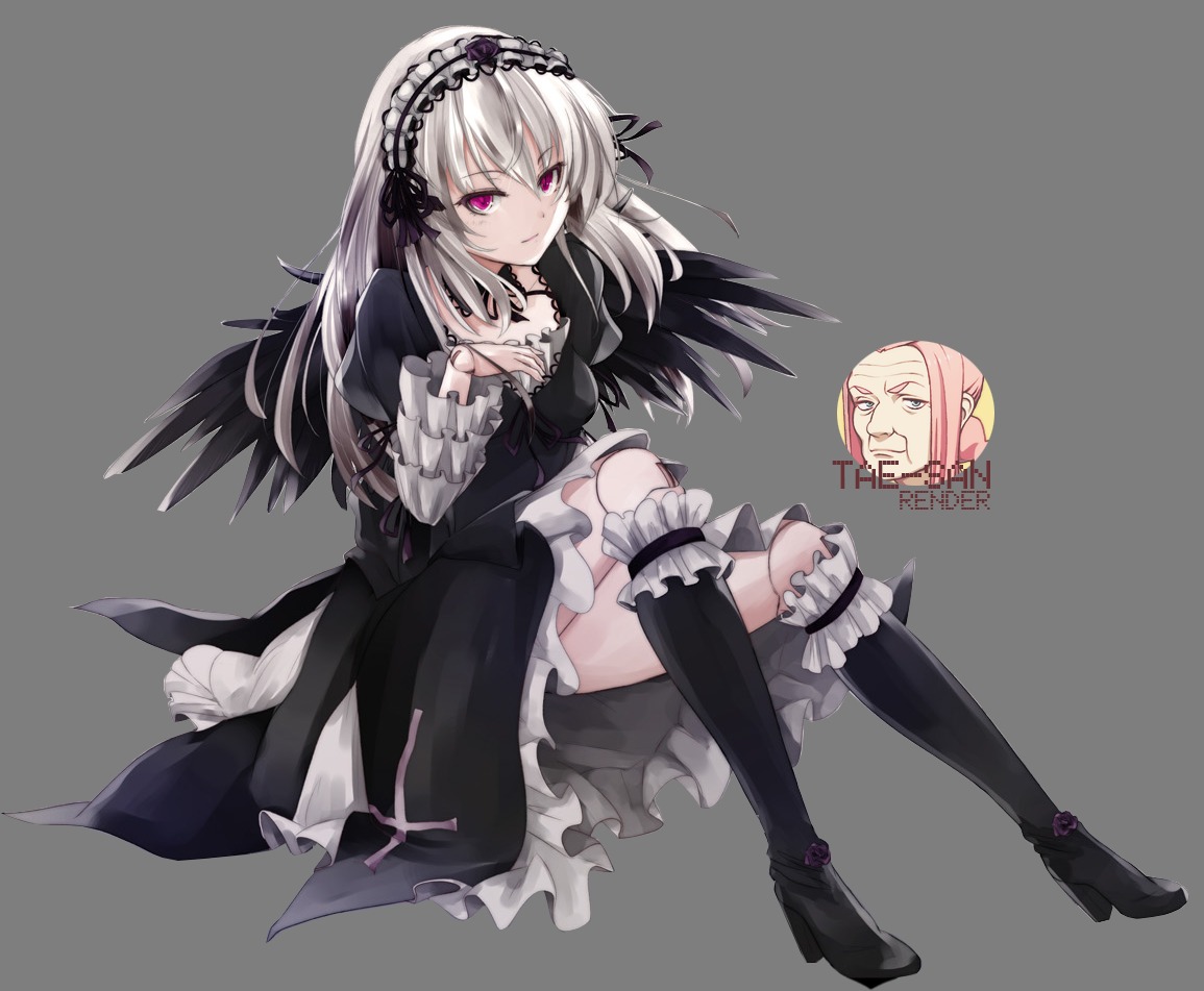 1girl black_dress black_footwear black_wings boots breasts dress frilled_sleeves frills gothic_lolita hairband high_heels image lolita_fashion long_hair long_sleeves looking_at_viewer pink_eyes silver_hair sitting solo striped suigintou wings