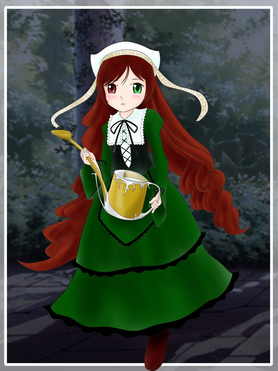 1girl brown_hair dress frills full_body green_dress green_eyes head_scarf heterochromia holding image long_hair long_sleeves looking_at_viewer nature outdoors red_eyes solo standing suiseiseki tree twintails very_long_hair water watering_can