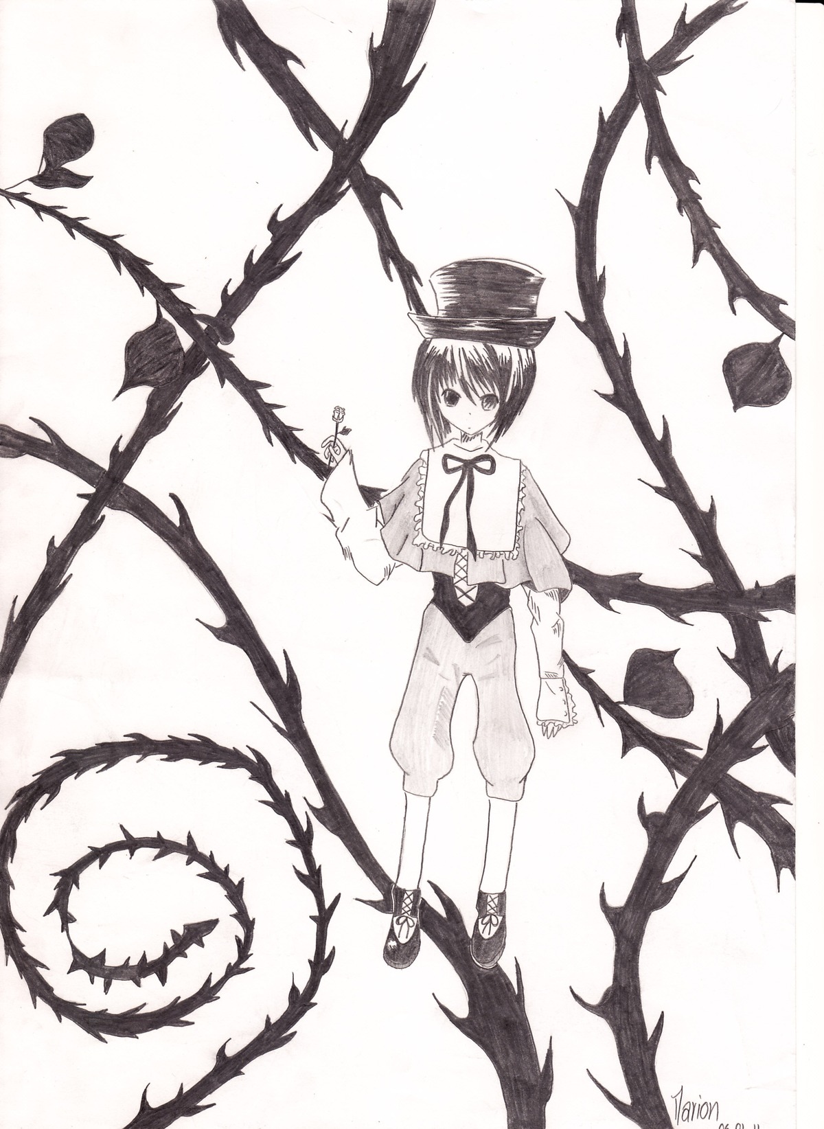 1girl bow branch greyscale hat image long_sleeves monochrome shoes short_hair sitting solo souseiseki striped top_hat tree