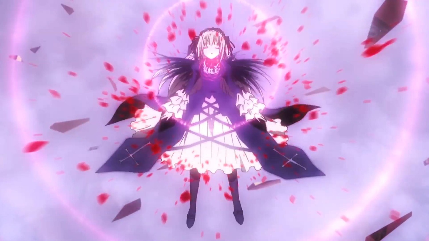 1girl akemi_homura black_dress black_wings dress flower hairband image long_hair petals ribbon solo suigintou wings