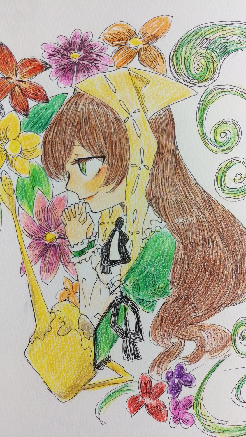 1girl apron brown_hair dress flower from_side green_dress green_eyes hood image juliet_sleeves long_hair long_sleeves profile solo suiseiseki traditional_media very_long_hair watercolor_(medium)