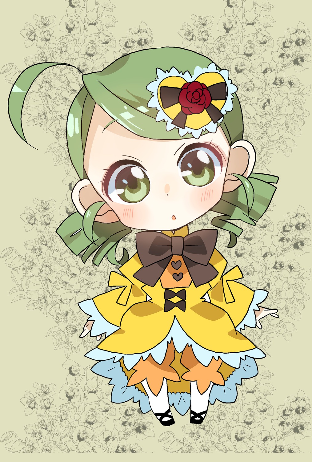 1girl :o ahoge black_bow black_footwear blush bow chibi dress drill_hair floral_background flower frills full_body green_eyes green_hair hair_ornament hat image kanaria long_sleeves looking_at_viewer rose solo standing twin_drills yellow_dress