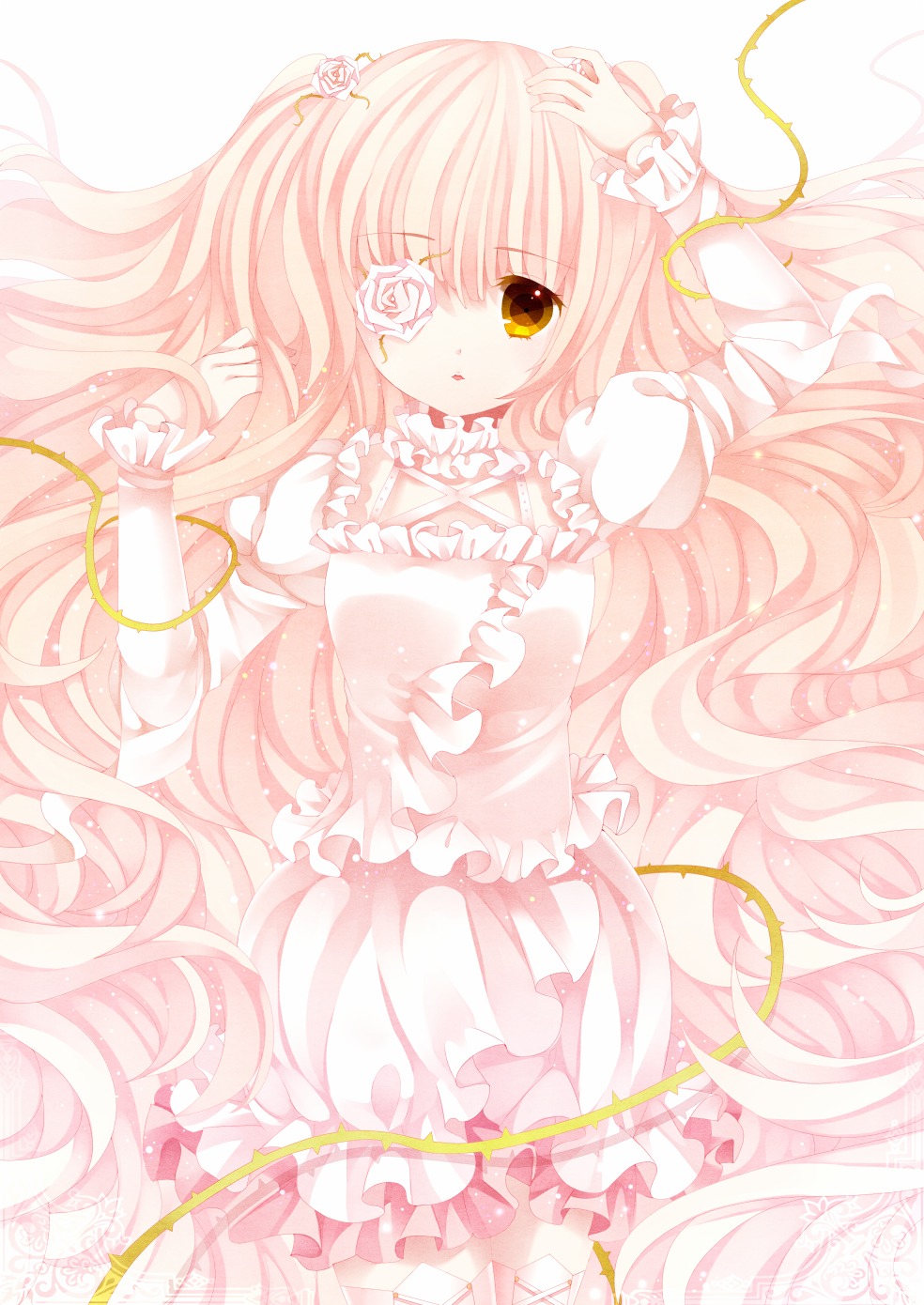 1girl bow commentary_request dress eyepatch flower frilled_dress frills hair_flower highres image kirakishou long_hair looking_at_viewer lying moseley on_back pink_hair pink_theme rose rozen_maiden simple_background solo thighhighs two_side_up ultimate_madoka very_long_hair white_background white_dress white_flower yellow_eyes zettai_ryouiki