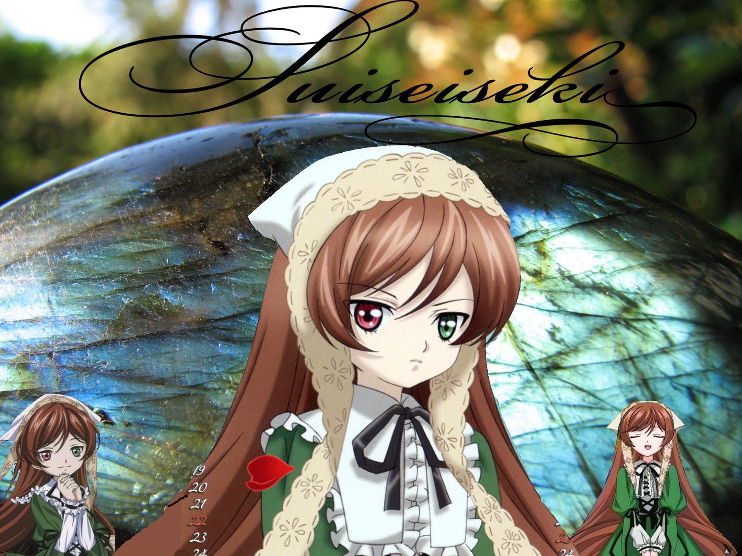 1girl brown_hair dress frills green_dress green_eyes hat head_scarf heart heterochromia image long_hair long_sleeves looking_at_viewer open_mouth outdoors red_eyes siblings solo suiseiseki twintails very_long_hair watering_can