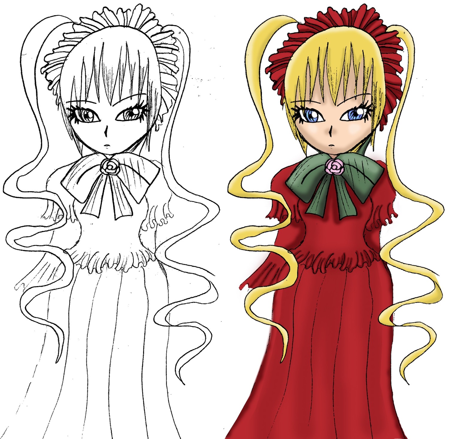 2girls blonde_hair blue_eyes bonnet bow bowtie capelet dress full_body image long_hair long_sleeves looking_at_viewer multiple_girls ribbon serious shinku sidelocks simple_background solo standing twin_drills twintails very_long_hair white_background