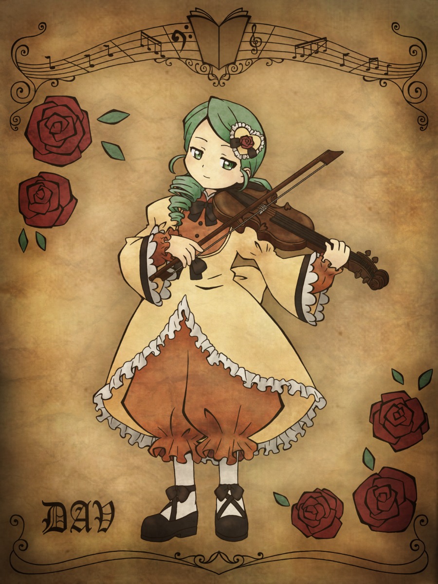 1girl bloomers bow_(instrument) drill_hair eighth_note flower green_eyes green_hair hair_ornament image instrument kanaria long_hair music musical_note pink_rose playing_instrument red_flower red_rose rose rose_petals solo thorns violin
