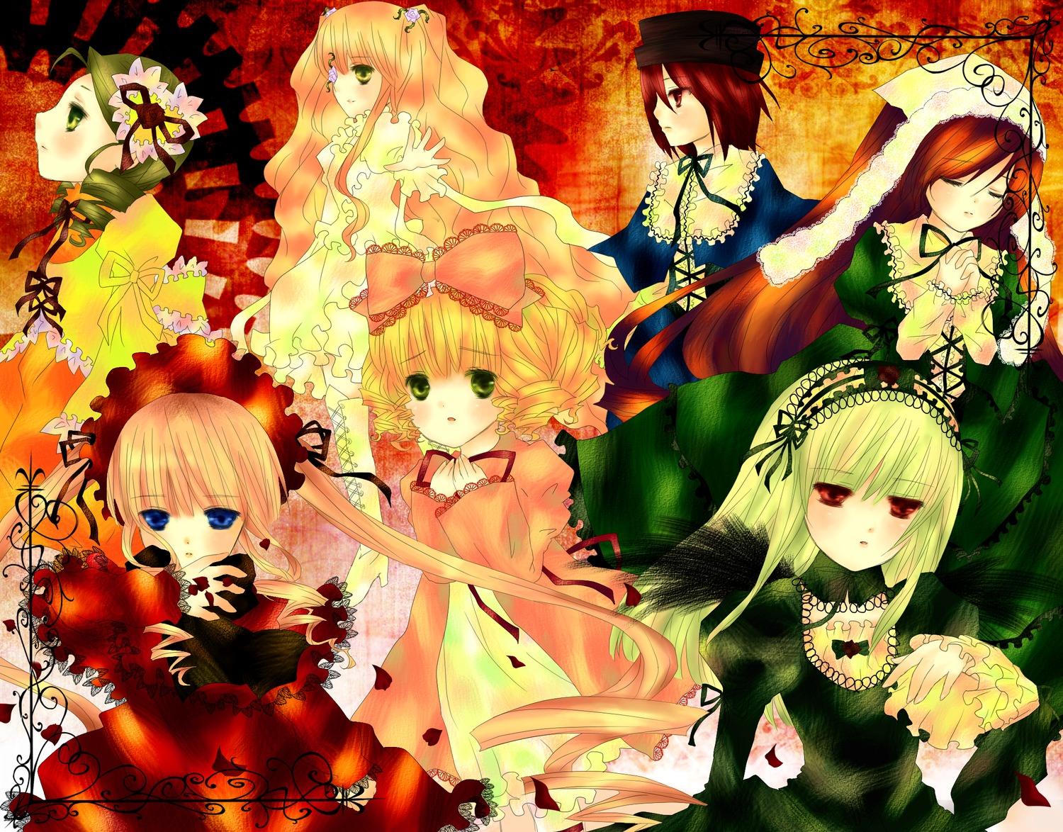 6+girls blonde_hair blue_eyes bow brown_hair dress frills green_hair hat hina_ichigo image kanaria long_hair long_sleeves looking_at_viewer multiple multiple_girls pink_bow red_eyes shinku short_hair siblings sisters souseiseki suigintou suiseiseki tagme twins twintails very_long_hair wings