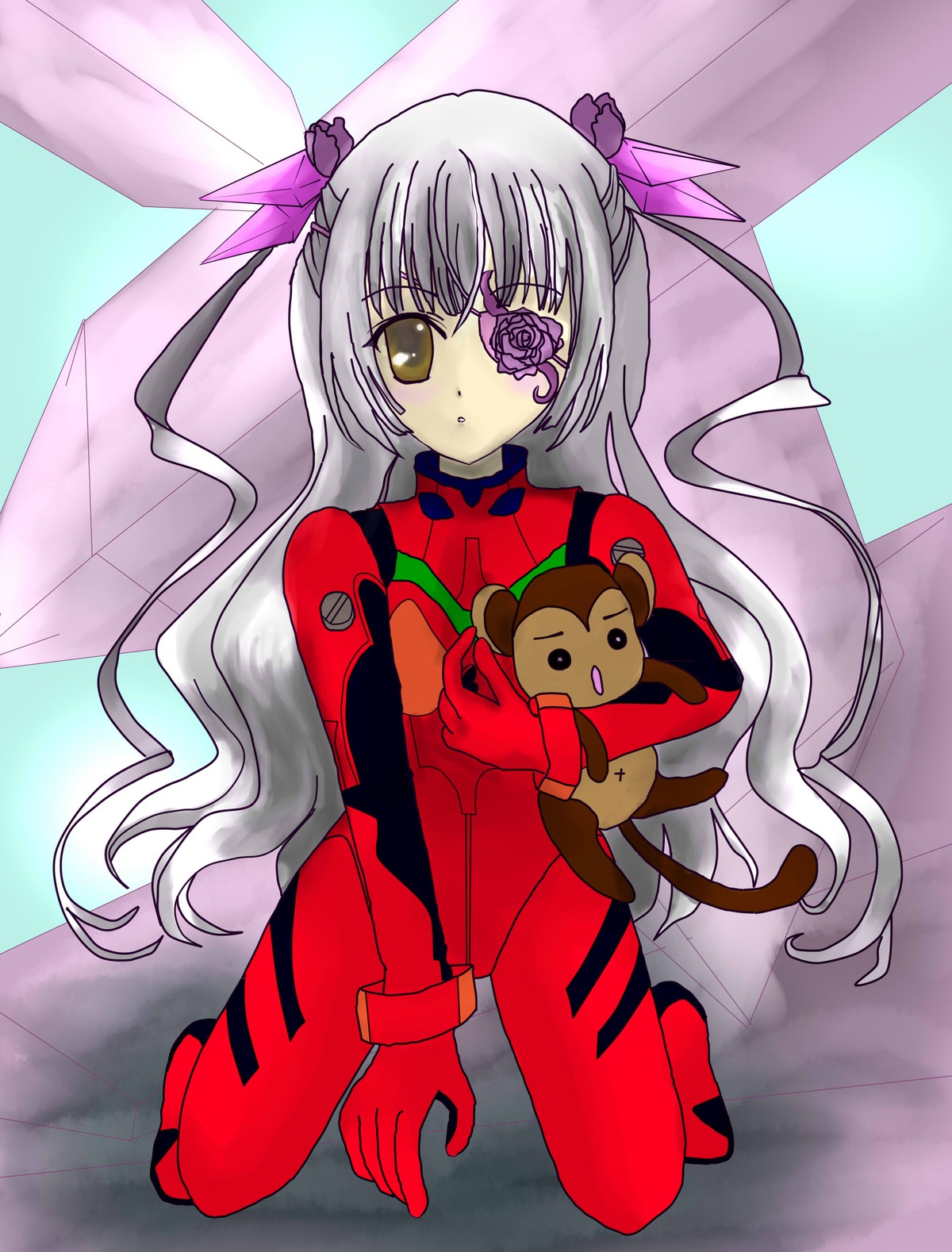 1girl :o bangs barasuishou bodysuit bracer eyepatch full_body gloves image kneeling long_hair looking_at_viewer number outdoors pilot_suit plugsuit red_bodysuit shadow solo stuffed_animal turtleneck very_long_hair yellow_eyes