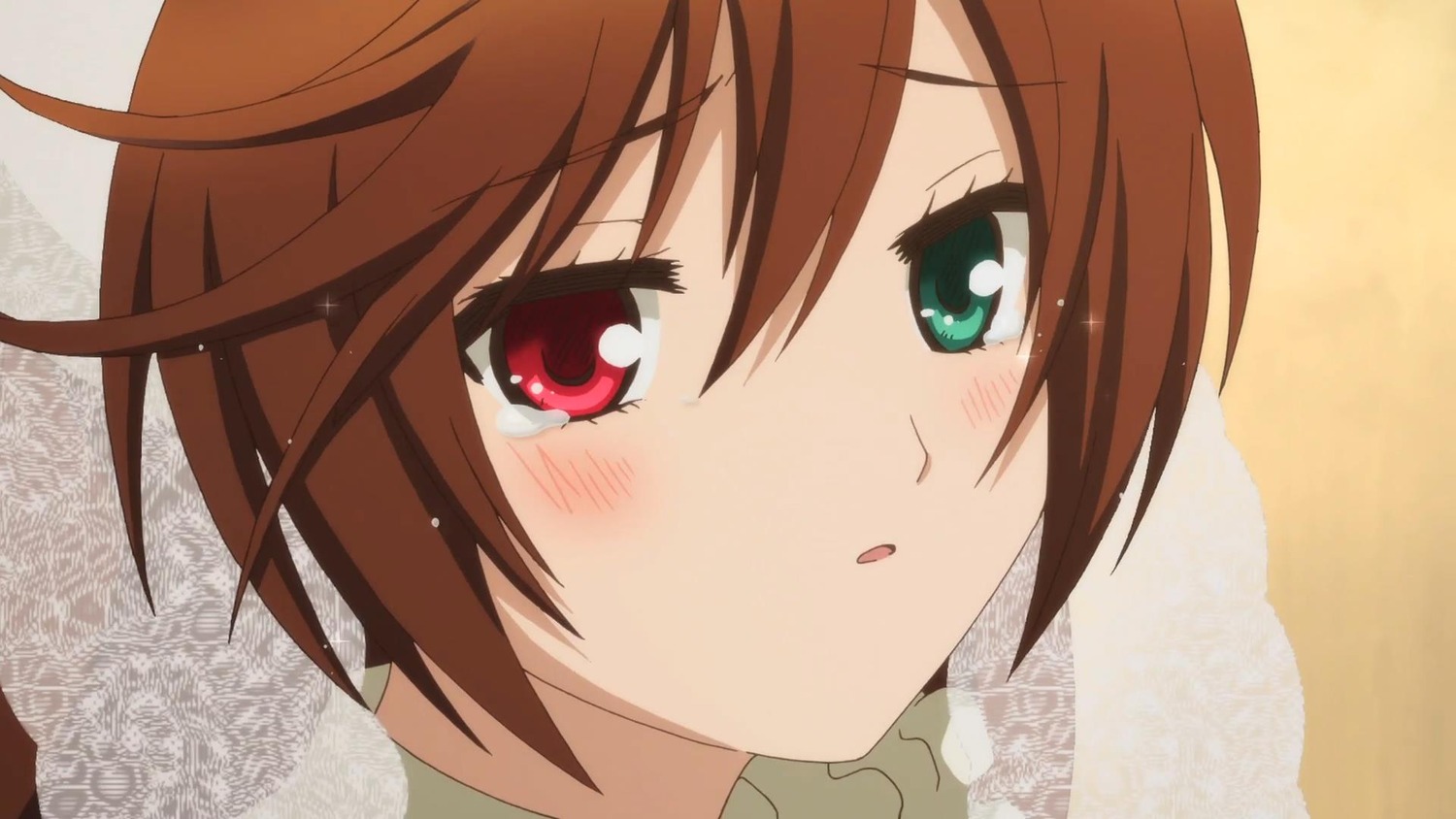 1girl bangs blush brown_hair close-up eyebrows_visible_through_hair face hair_between_eyes image looking_at_viewer parted_lips red_eyes short_hair solo suiseiseki