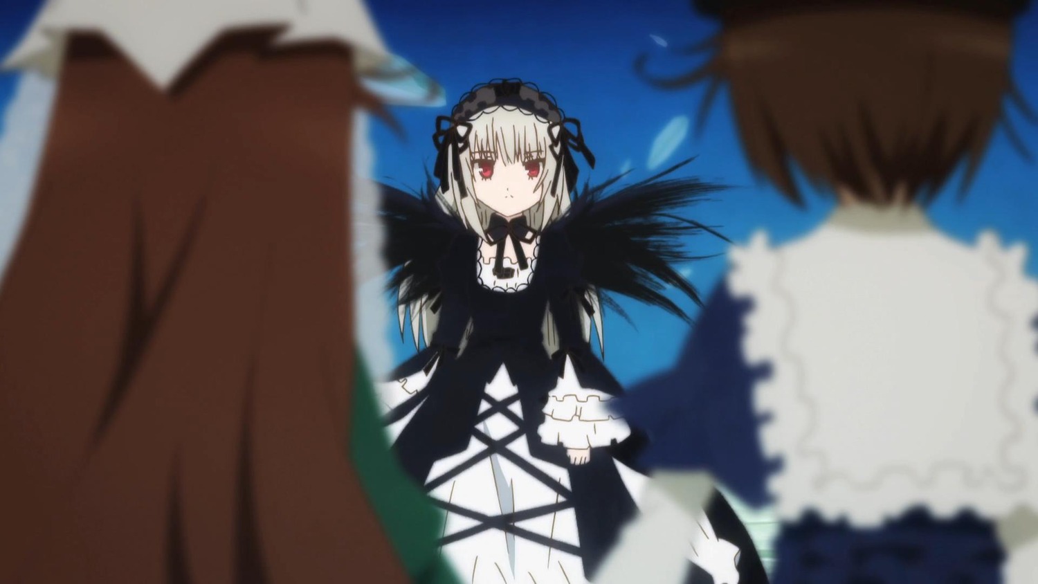 1boy 2girls black_dress black_wings blurry blurry_background blurry_foreground brown_hair depth_of_field dress frills gothic_lolita hairband image lolita_fashion lolita_hairband long_hair long_sleeves motion_blur multiple multiple_girls red_eyes ribbon silver_hair suigintou tagme wings