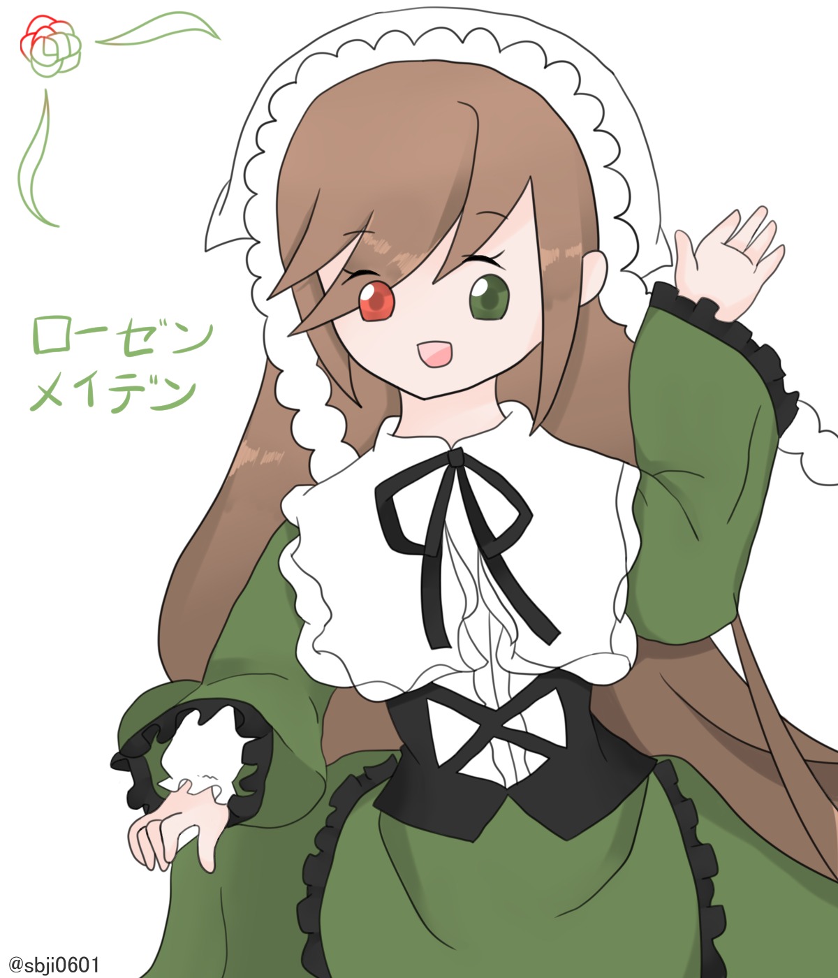 1girl :d bangs black_ribbon brown_hair dress eyebrows_visible_through_hair frills green_dress green_eyes heterochromia image long_hair long_sleeves looking_at_viewer open_mouth red_eyes ribbon simple_background smile solo suiseiseki very_long_hair white_background