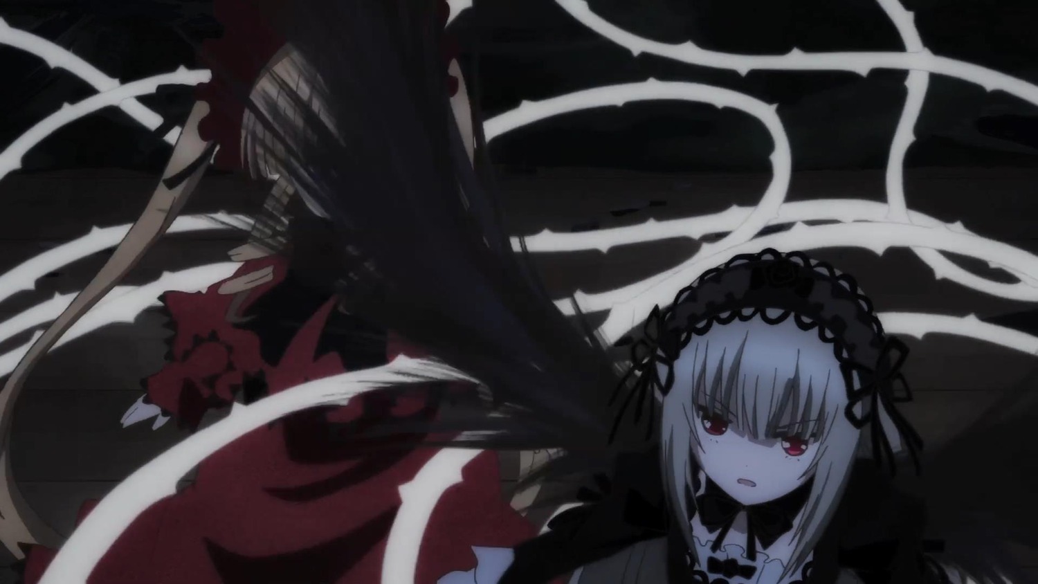 1girl bangs black_dress black_ribbon black_wings dress eyebrows_visible_through_hair frills hairband image long_hair long_sleeves looking_at_viewer open_mouth pair red_eyes ribbon rose shinku solo suigintou very_long_hair wings