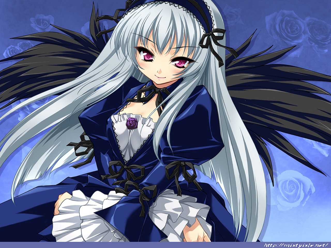 1girl black_wings blue_background blue_rose detached_collar dress flower frills gothic hairband image long_hair long_sleeves looking_at_viewer pink_eyes red_eyes rose rozen_maiden silver_hair smile solo sorimura_youji suigintou wings