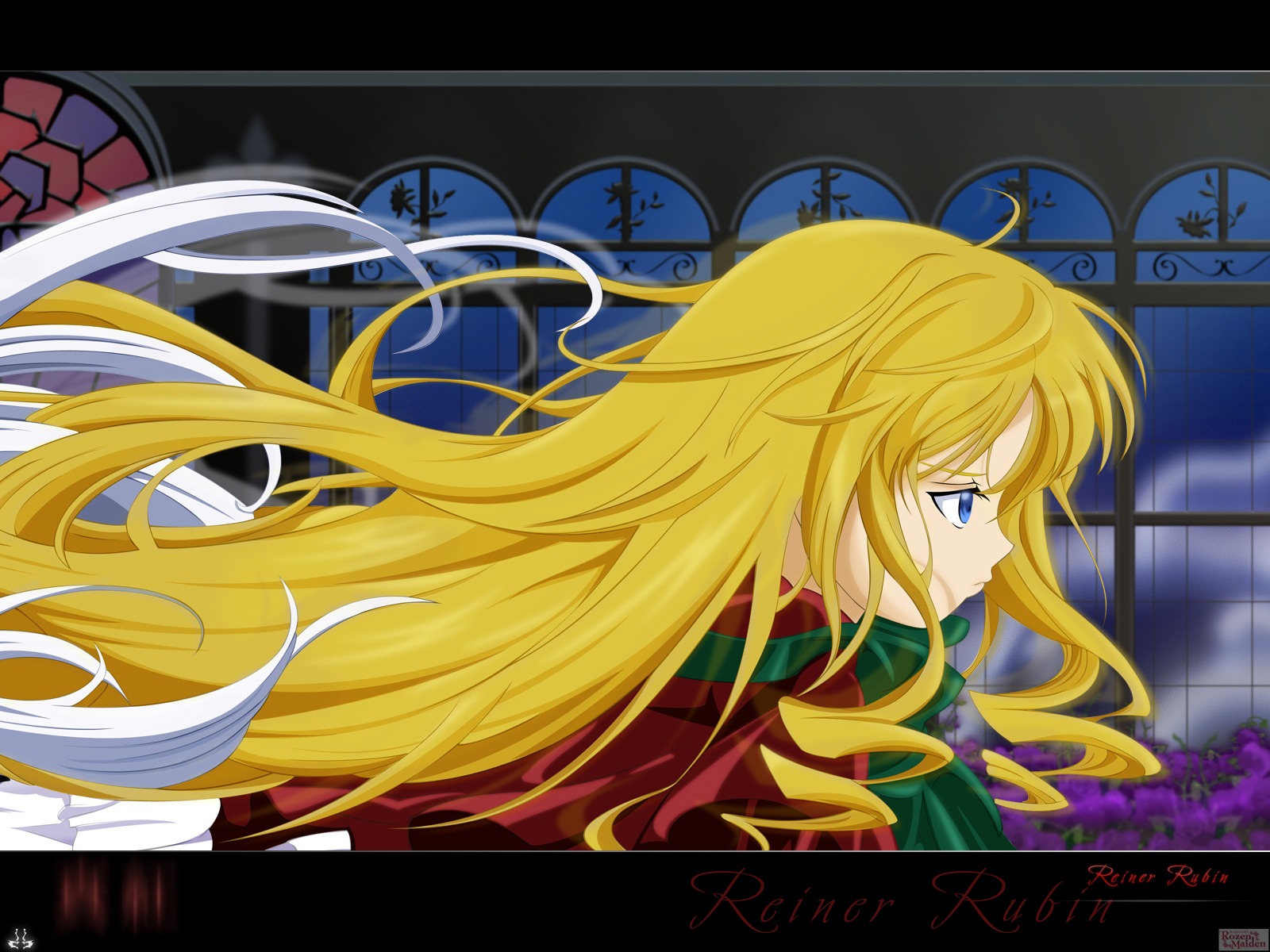 1girl blonde_hair blue_eyes flower image jacket letterboxed long_hair shinku solo upper_body