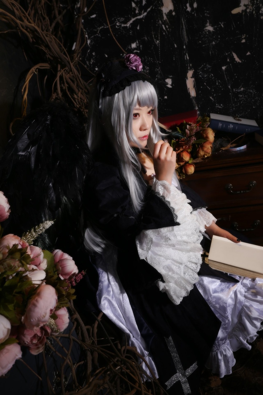 1girl dress flower lips long_hair red_eyes solo standing suigintou