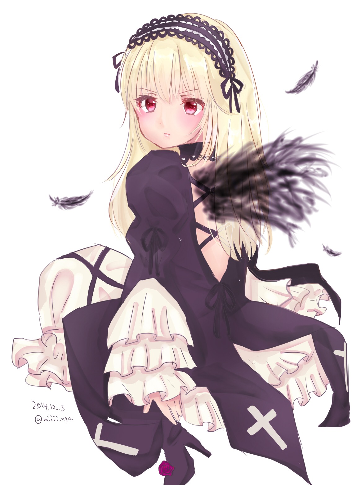 1girl bangs bird black_dress black_feathers blonde_hair blush bug butterfly closed_mouth dress eyebrows_visible_through_hair feathers frilled_sleeves frills gothic_lolita hairband image insect lolita_fashion lolita_hairband long_hair long_sleeves looking_at_viewer puffy_sleeves red_eyes simple_background sleeves_past_wrists solo suigintou white_background white_feathers wide_sleeves wings