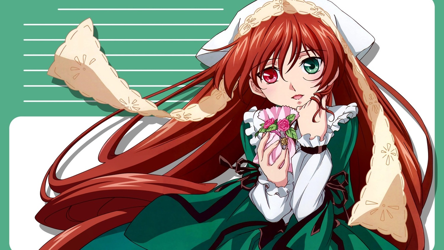 1girl dress flower frills green_dress green_eyes hat head_scarf heterochromia image long_hair long_sleeves looking_at_viewer red_eyes rose solo striped_background suiseiseki very_long_hair