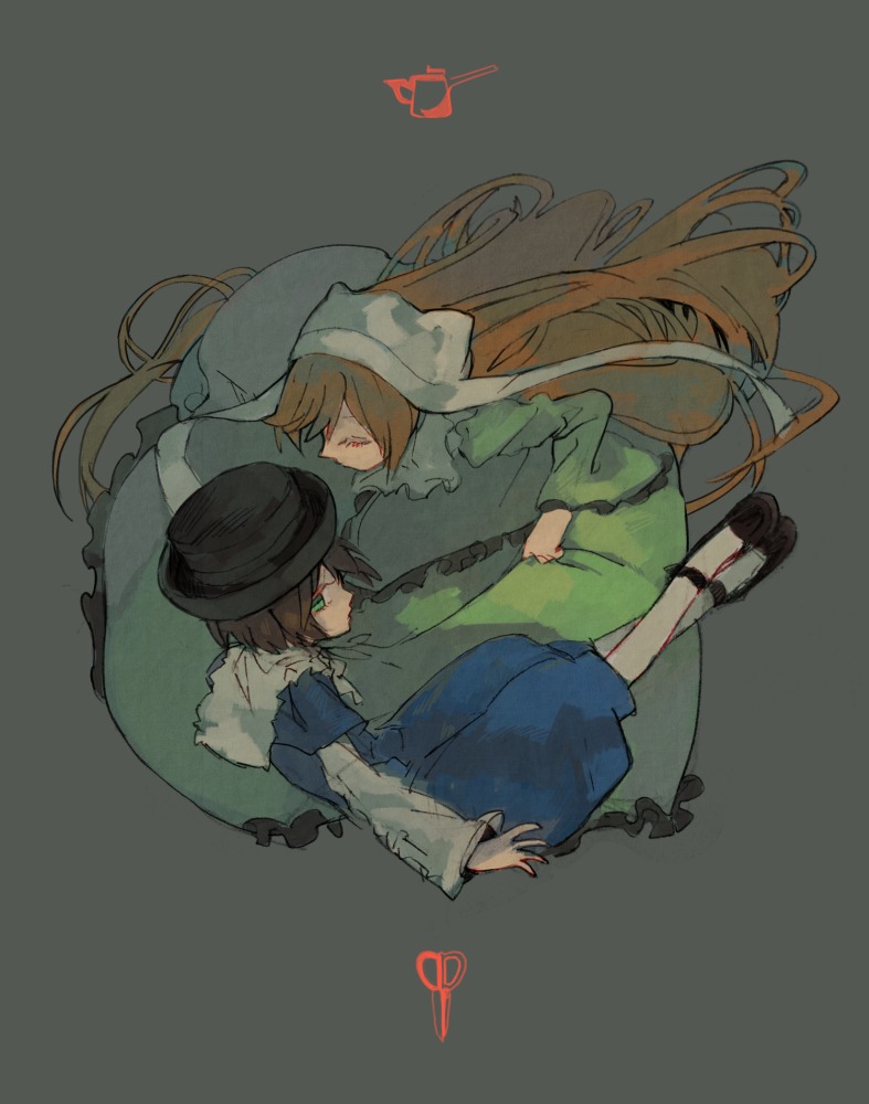 2girls blonde_hair brown_hair closed_eyes dress fur_trim grey_background hair_over_one_eye hat hood image long_hair multiple_girls pair short_hair simple_background sleeping souseiseki suiseiseki very_long_hair