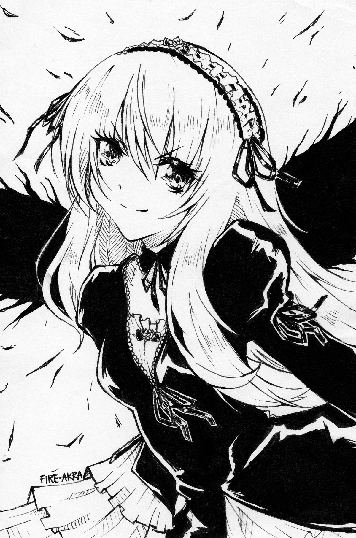 1girl breasts closed_mouth dress eyebrows_visible_through_hair frills gothic_lolita greyscale hairband image lolita_hairband long_hair long_sleeves looking_at_viewer monochrome ribbon smile solo suigintou traditional_media wings