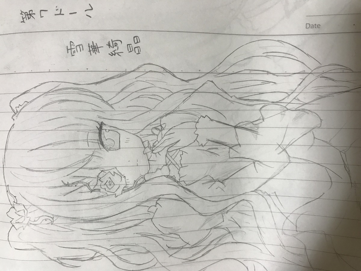 1girl bow crying dress eyepatch image kirakishou long_hair long_sleeves monochrome sketch solo tears traditional_media