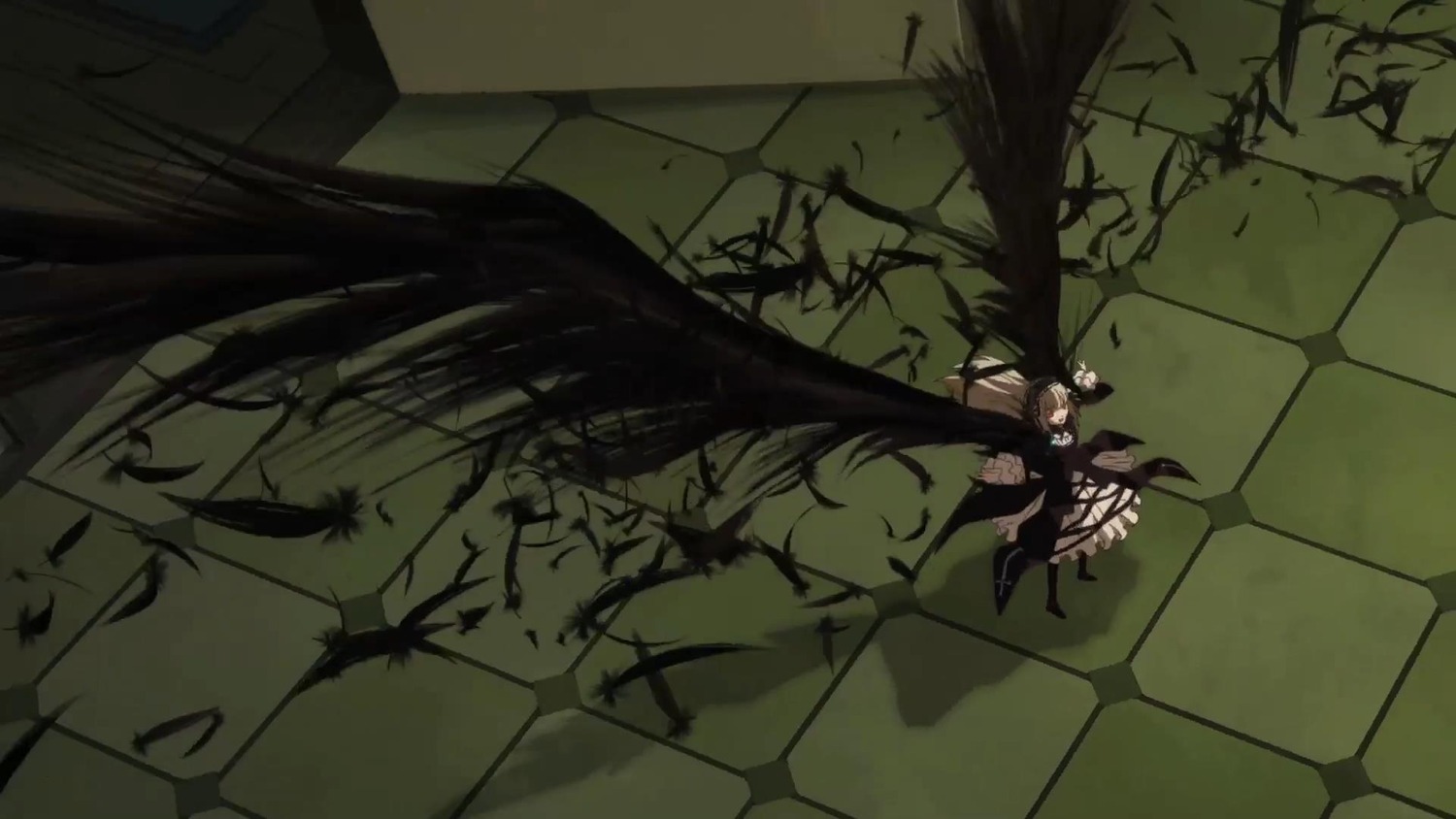 1girl checkered hat image long_hair solo suigintou tile_floor tiles very_long_hair wings witch_hat