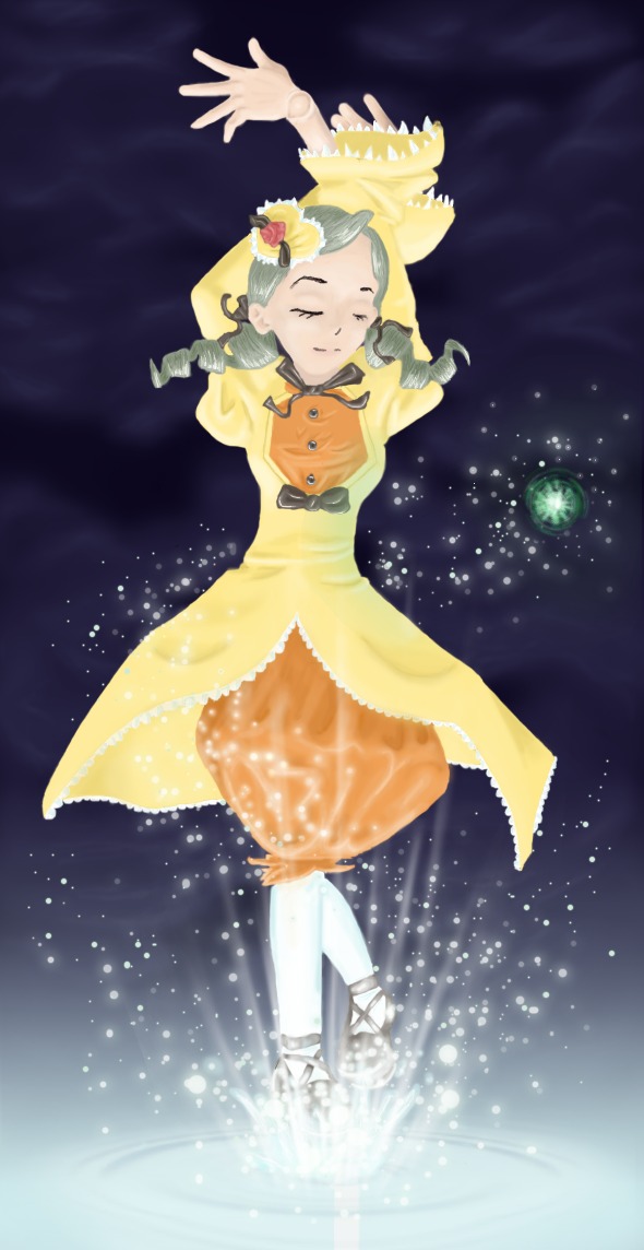 1girl blonde_hair closed_eyes dress drill_hair hair_ornament image kanaria long_hair long_sleeves orange_dress solo standing yellow_dress