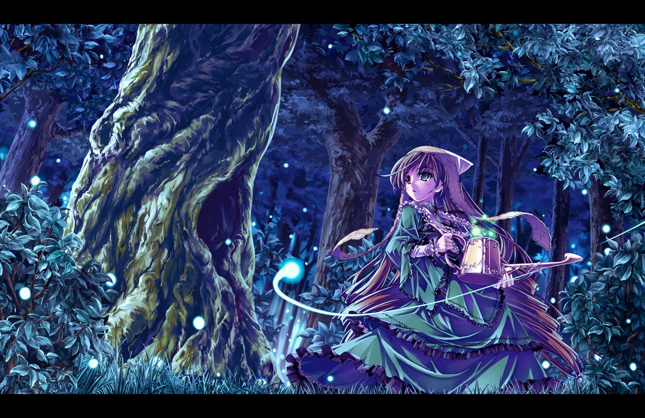 1girl brown_hair commentary_request dress fireflies forest green_dress green_eyes heterochromia image letterboxed long_hair monster_girl nature revision rozen_maiden sasa_ichi scenery solo suiseiseki tree twin_braids wakasagihime watering_can
