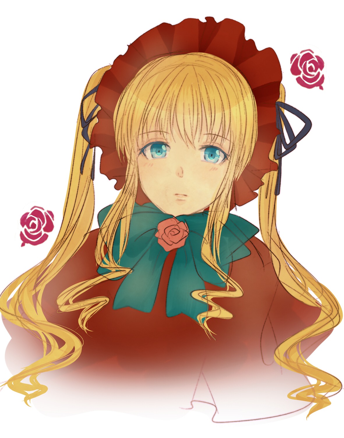 1girl blonde_hair blue_eyes blush bonnet bow bowtie flower image long_hair looking_at_viewer pink_rose rose shinku sidelocks simple_background solo striped twintails upper_body white_background