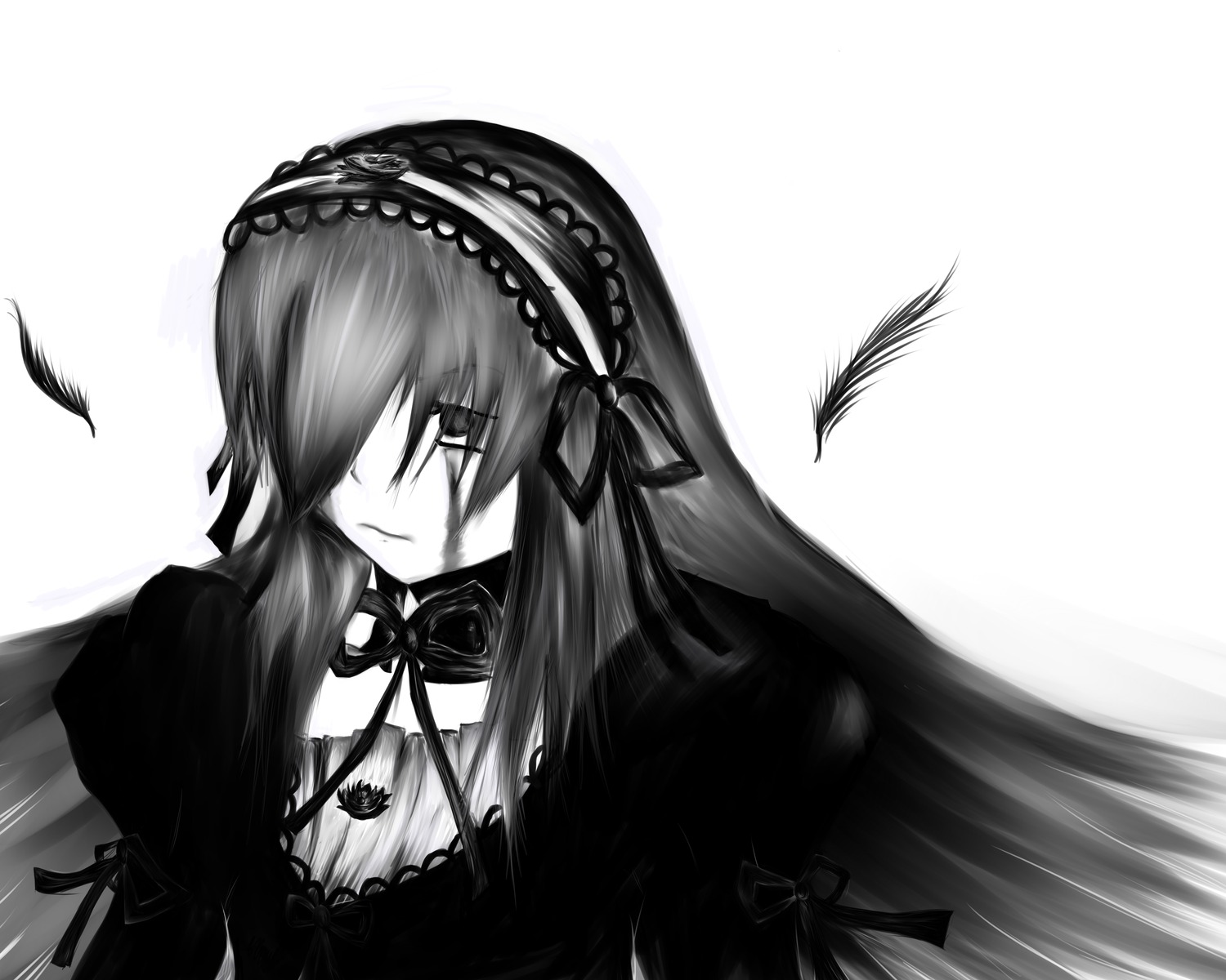 1girl black_ribbon closed_mouth dress feathers frills greyscale hair_over_eyes hair_over_one_eye hairband image lolita_hairband long_hair long_sleeves monochrome puffy_sleeves ribbon simple_background solo suigintou upper_body white_background wings