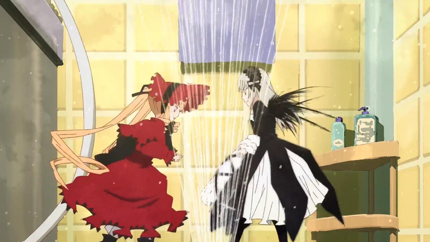 black_hair black_wings dress image long_hair pair pink_hair red_hair shinku suigintou very_long_hair wings