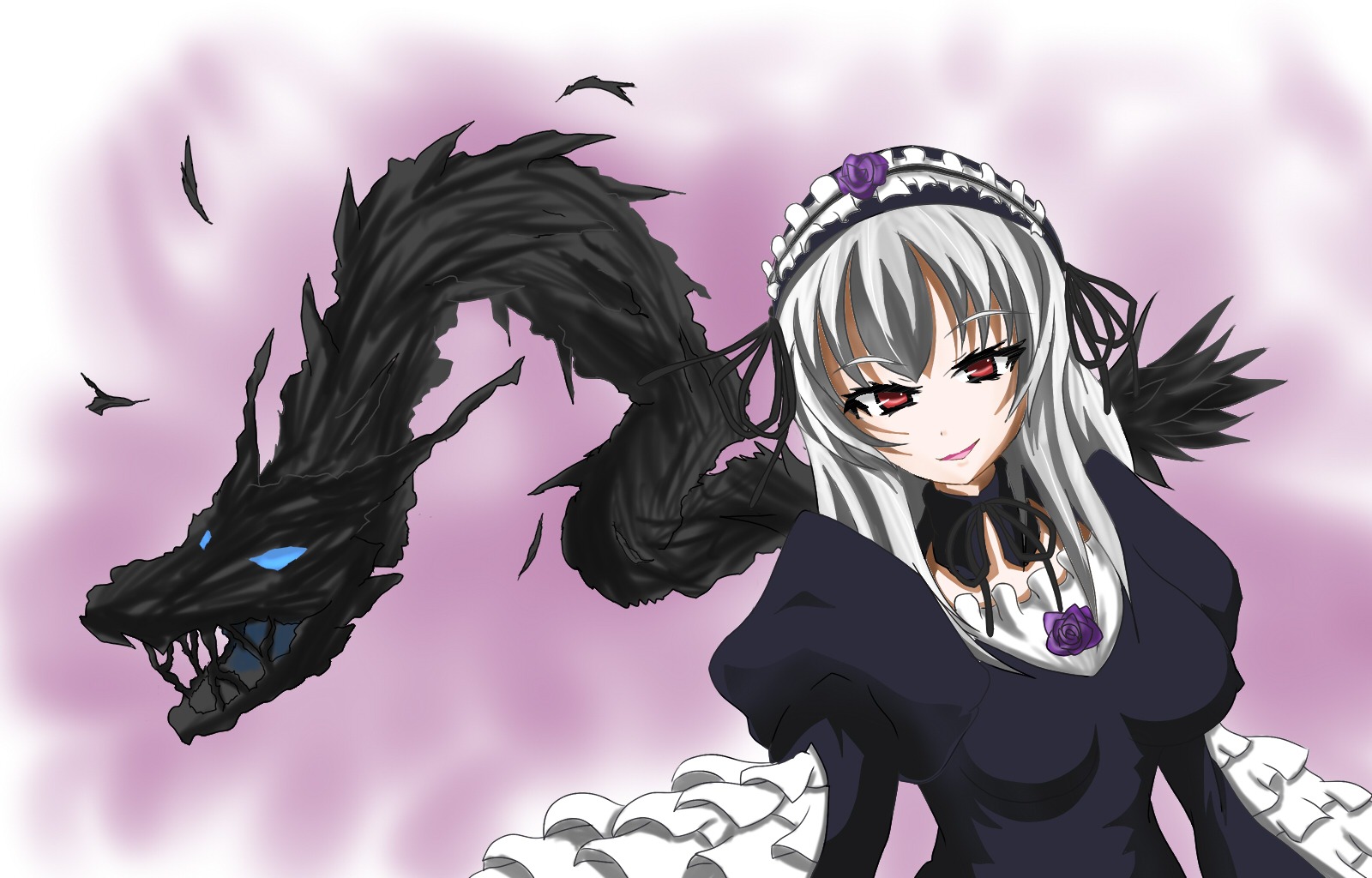 1girl black_dress black_wings dress feathers flower frills hairband image juliet_sleeves long_hair long_sleeves looking_at_viewer red_eyes rose silver_hair solo suigintou wings