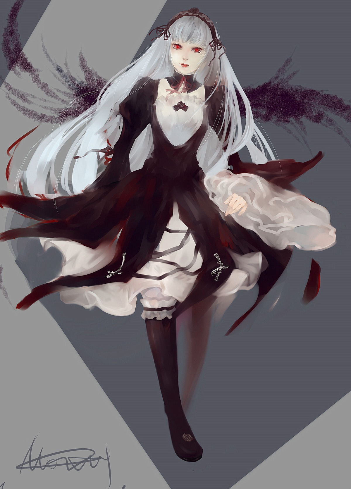 1girl bangs black_footwear black_legwear blood dress full_body grey_background hairband image lolita_fashion long_hair long_sleeves looking_at_viewer pantyhose red_eyes signature solo standing suigintou very_long_hair white_hair wide_sleeves wings